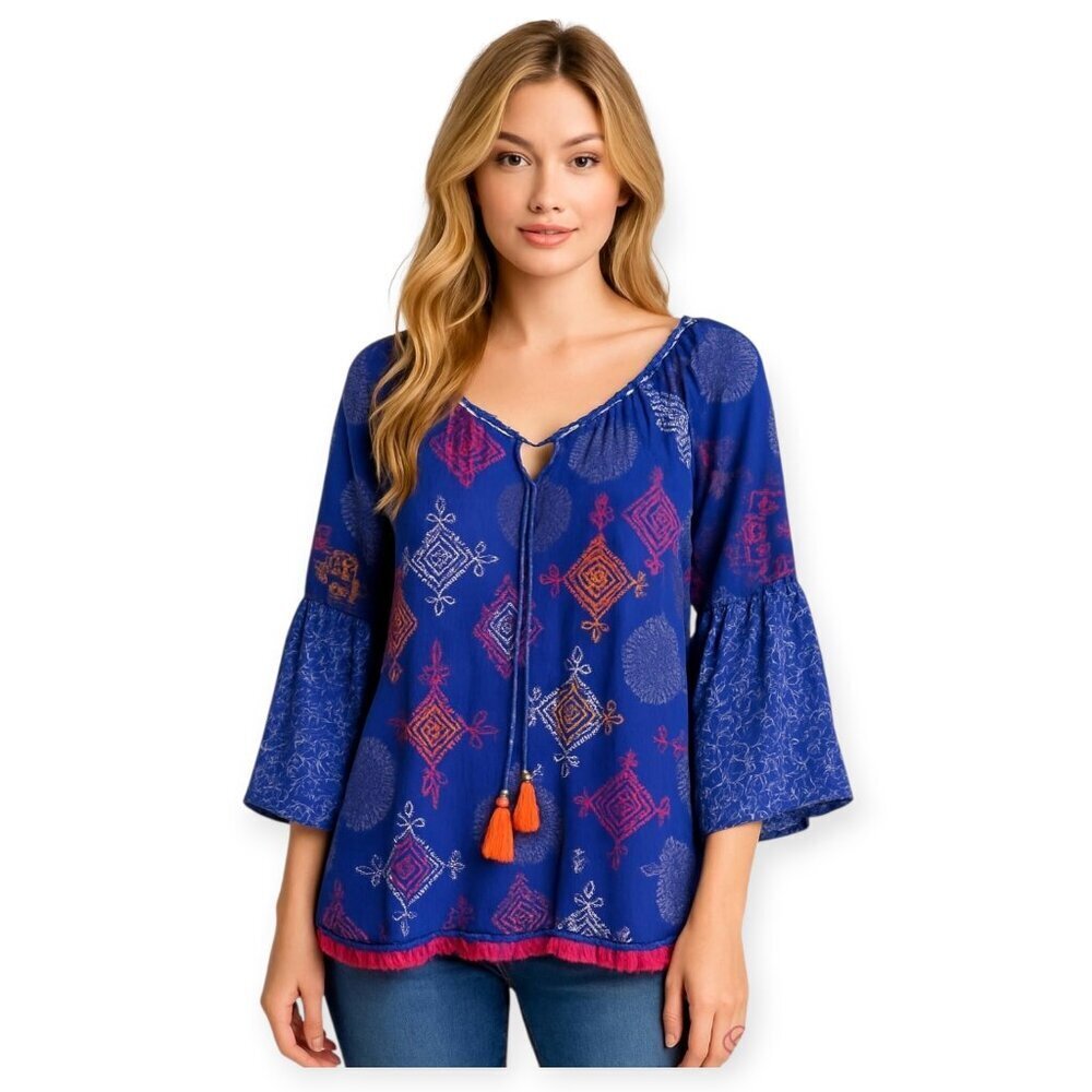 LulaSoul Blue Pink Embroidered Boho Top Bell Sleeve Vacation Beach Resort Small